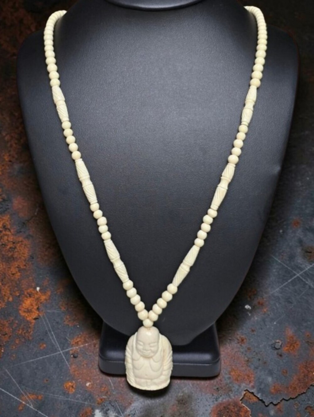 Vintage Bone Buddha Pendant On Beaded Necklace